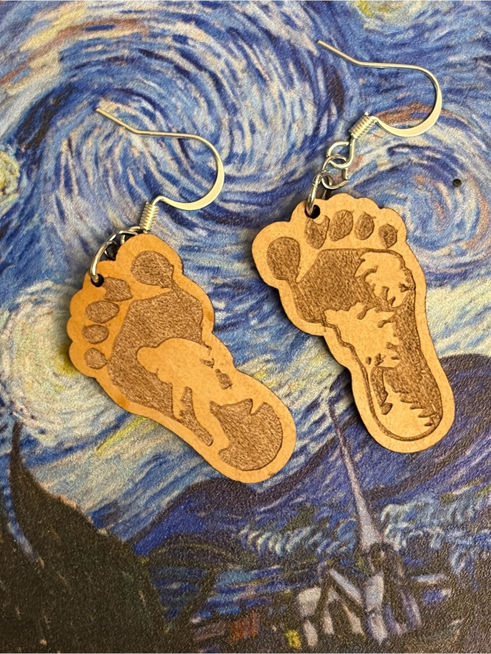 Handcrafted Wooden Footprint Earrings - Brown